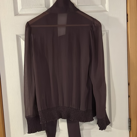 Elegant sheer purple blouse with satiny tie and high neck. Size medium. - Picture 5 of 6